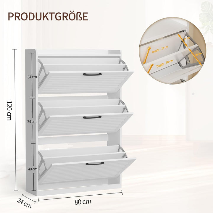 Schuhschrank Schmal, Schuhkipper mit Lamellentür, Schuhregal mit 3 Klappen, Schuhkommode mit 6 Verst