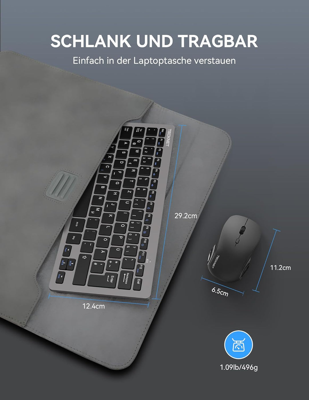 TECKNET Kabelloses Tastatur Maus Set, Deutsch QWERTZ Layout, 2.4 GHz Funk Mini Tastatur Mouse, 15m R