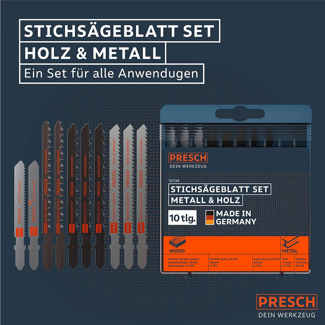 Presch Stichsägeblätter Set Metall & Holz 10 Stk. - Stichsägeblatt Set für alle Anwendungen - Profi