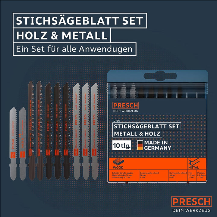 Presch Stichsägeblätter Set Metall & Holz 10 Stk. - Stichsägeblatt Set für alle Anwendungen - Profi