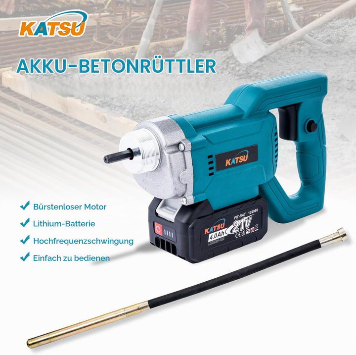 KATSU FIT-BAT 21V Brushless Akku Betonrüttler Betonverdichter Betonwerkzeuge Bürstenloser mit 4,0Ah-