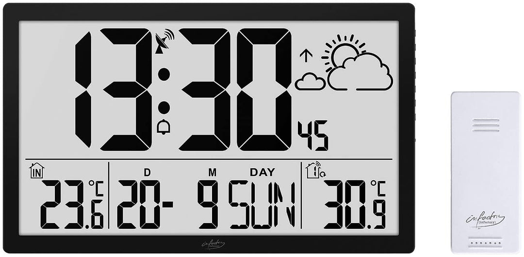 infactory XXL Wanduhr Digital: Funk-Wanduhr mit Jumbo-LCD-Display, Wetterstation und Aussensensor (G