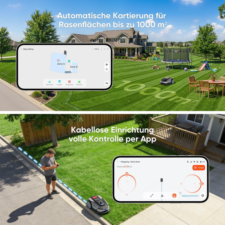 Sunseeker S4 Mähroboter ohne Begrenzungskabel 1000㎡, 360° 3D LiDAR, KI Auto Kartierung, Setup-frei R
