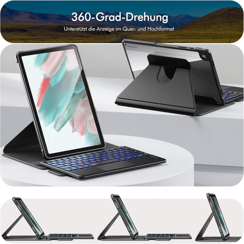 INFILAND für Samsung Galaxy Tab A9+/A9 Plus Hülle mit Tastatur [Hochpräzises Touchpad], 360° Drehbar