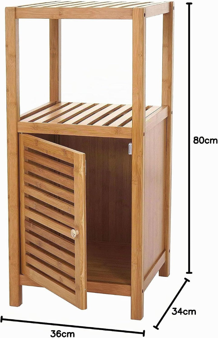 Mendler Badregal HWC-B18, Badezimmer Badschrank Standregal mit Tür, Bambus - 80x36x34cm, 80x36x34cm