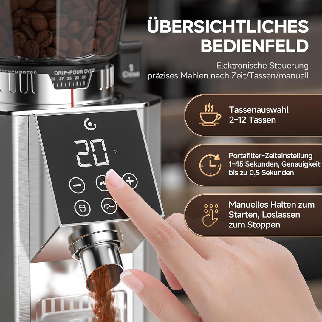 AMZCHEF Elektrische Kaffeemühle mit 45 Mahlgraden, Espresso-Mühle mit höhenverstellbarem Siebträgers