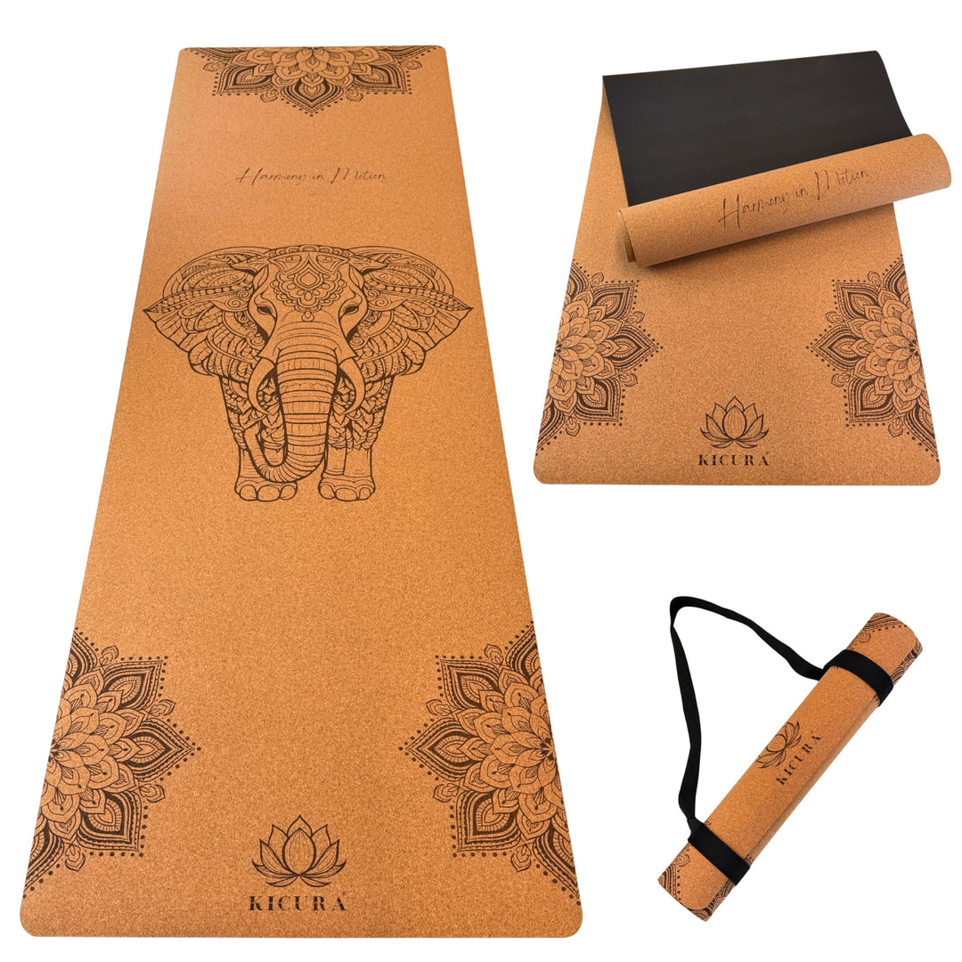 Yoga-Matte aus Kork &amp; Naturkautschuk mit Elefanten-Mandala – rutschfeste Premium-Matte, 4 mm dick, m