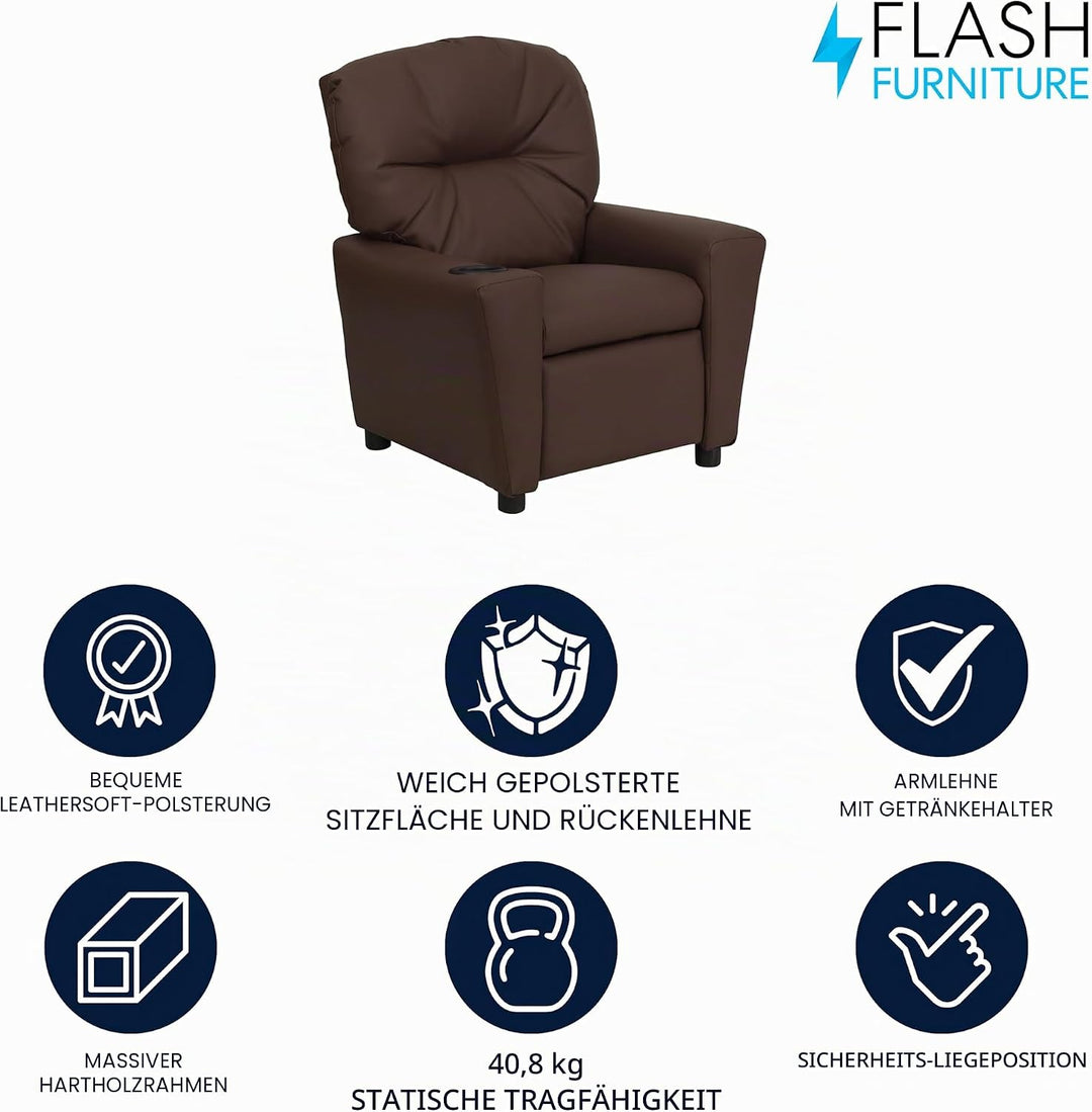 Flash Furniture Lehnsessel für Kinder, modern, mit Becherhalter, Leder, braunes LeatherSoft, 1 Stück