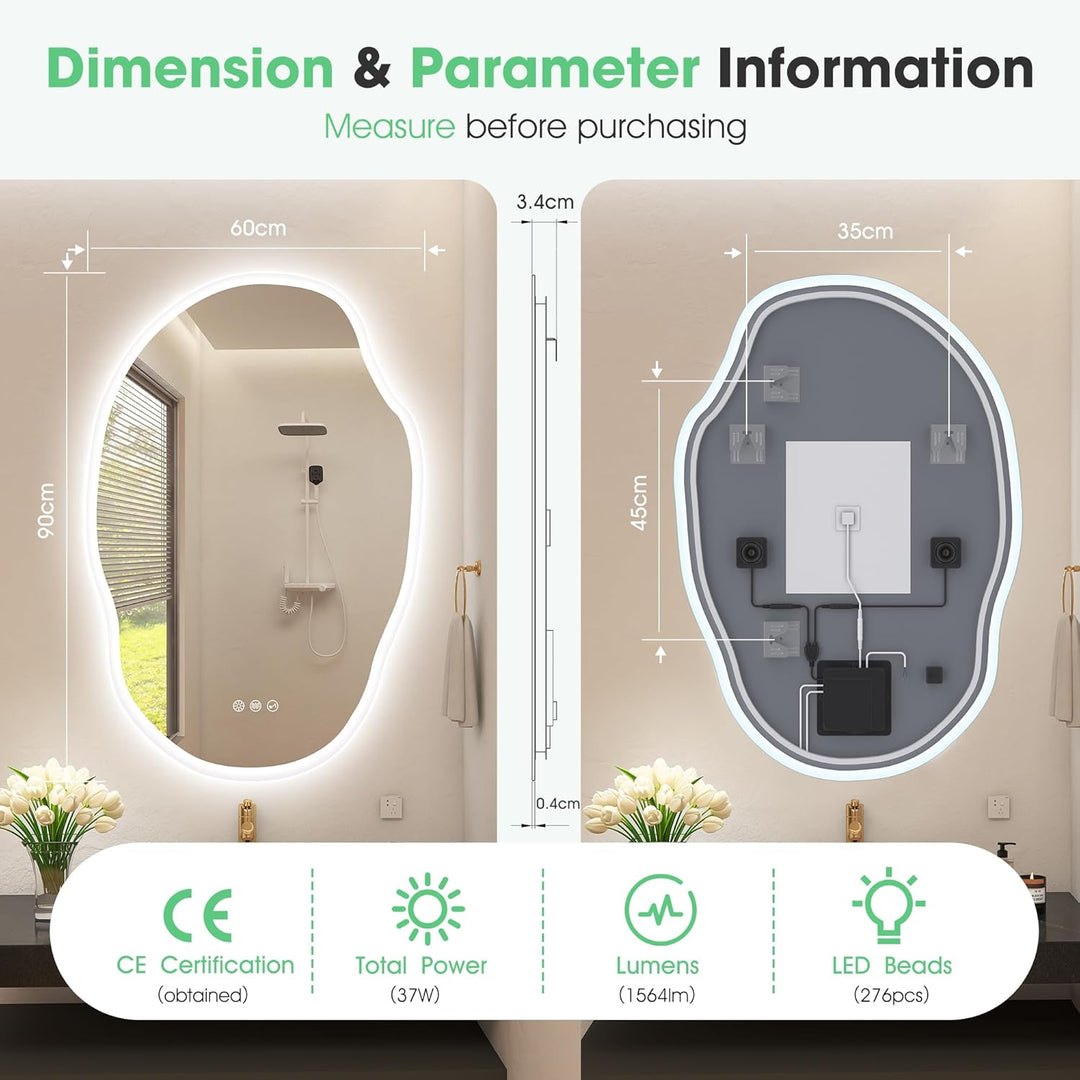 S'bagno Badspiegel-mit-Beleuchtung 600x900 mm, Badezimmerspiegel-mit-Beleuchtung und Bluetooth, Entf