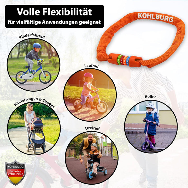 KOHLBURG Kinder Fahrradschloss Zahlenschloss 4 stellig [ohne Weichmacher, Stahlkette] - Kinderschlos