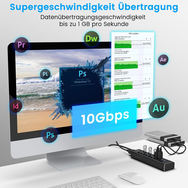 RSHTECH USB 3.1 Hub mit Netzteil 36W, mit 10*10Gbps USB 3.2-Port Aluminium USB Hub 3.2 Gen2 Aktiv mi