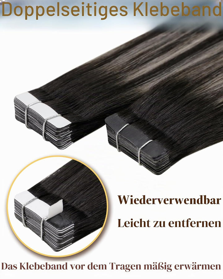 Hetto Tape Extensions Echthaar, Balayage Naturschwarz mit Silber, 35cm | 20 Stucke 50g 100% Remy Haa