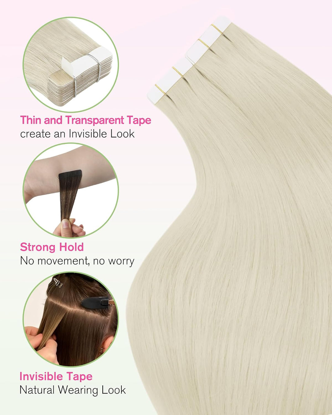 YoungSee Tape in Extensions Platinblond Tape Extensions Echthaar Blond 60cm Tape Echthaar Extensions