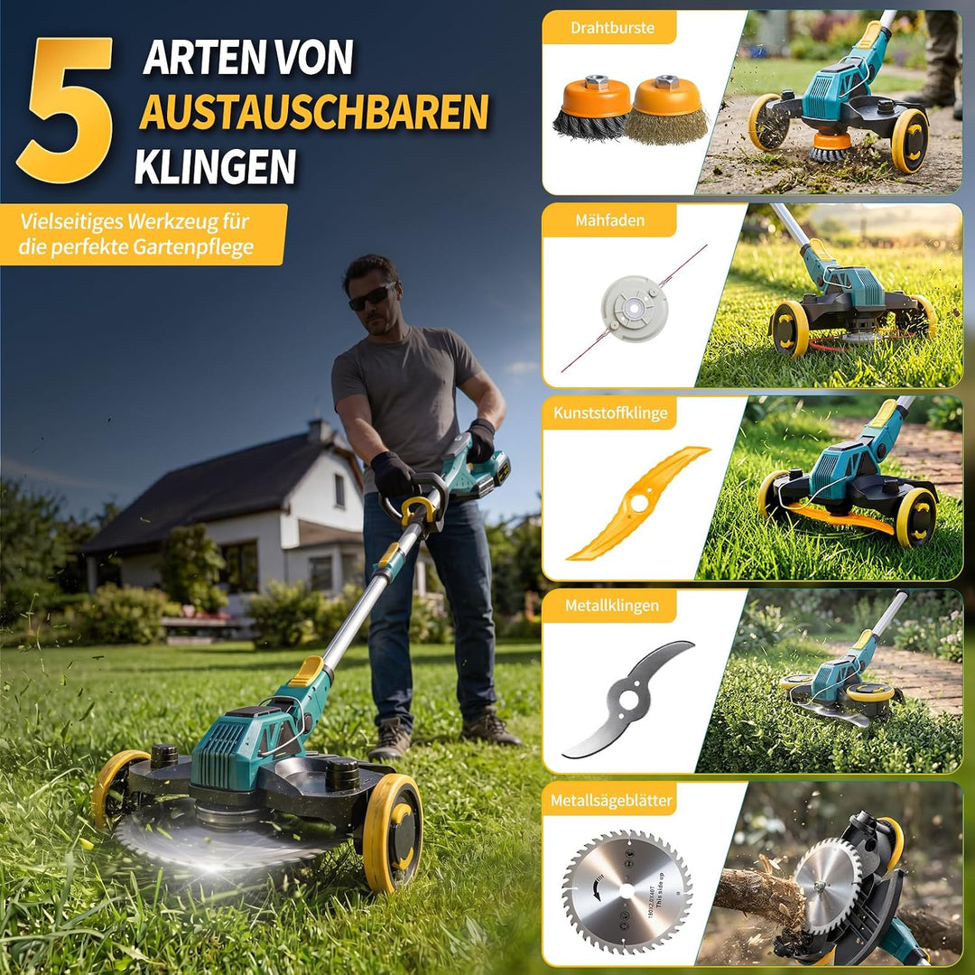 Rasentrimmer mit Akku, 21V Akku Rasentrimmer für Makita Akku, Rasentrimmer mit Unkrautbürste, 2 * 4.