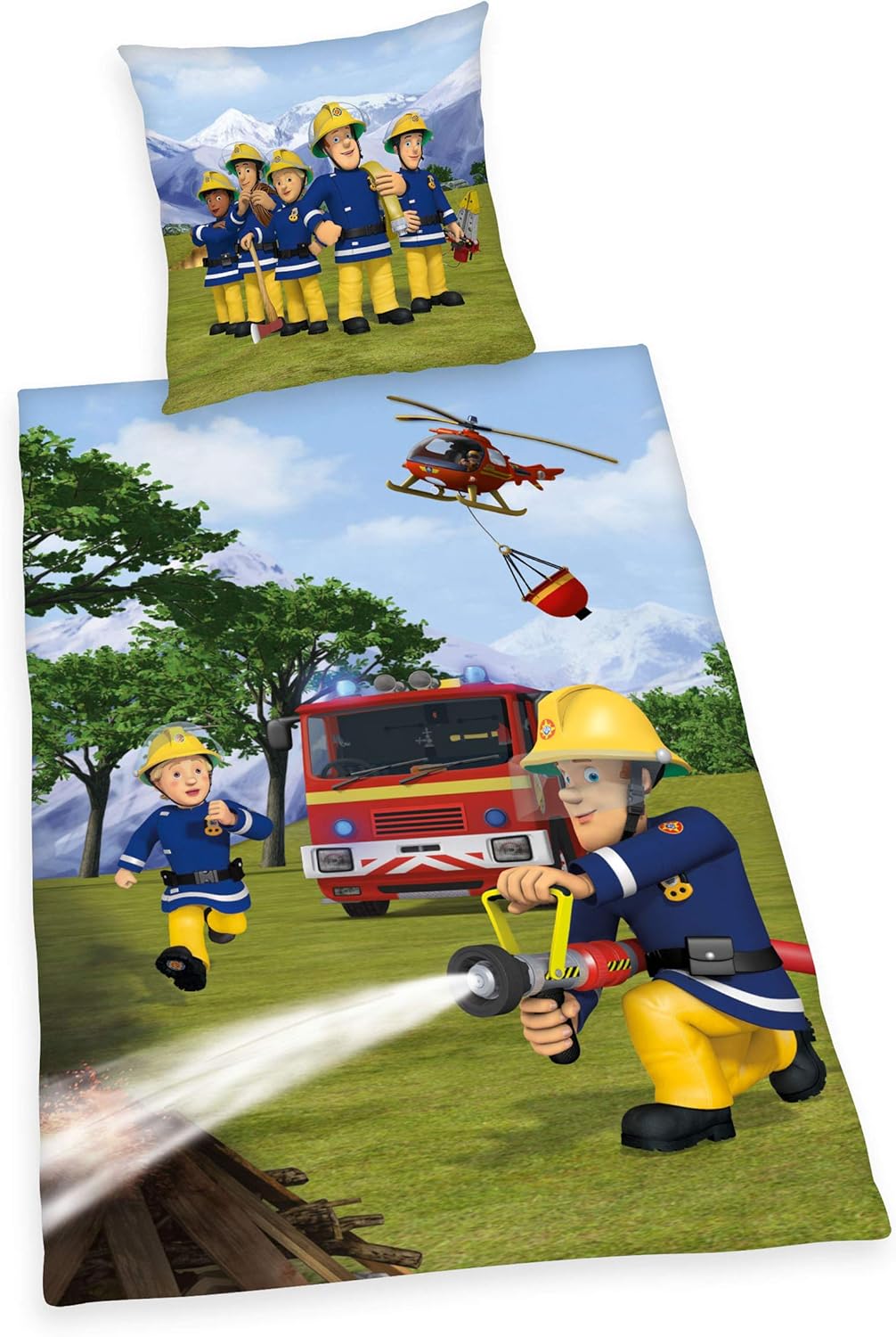 Herding FEUERWEHRMANN SAM Bettwäsche-Set, Wendemotiv, Kopfkissenbezug 80 x 80 cm, Bettbezug 135 x 20
