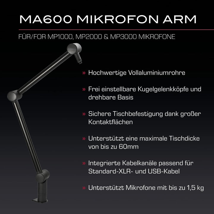 DOCKIN® MA600 Premium Mikrofon Arm [360° drehbar] - Kompatibel mit RØDE Mikrofone, Razer Mikrofone,