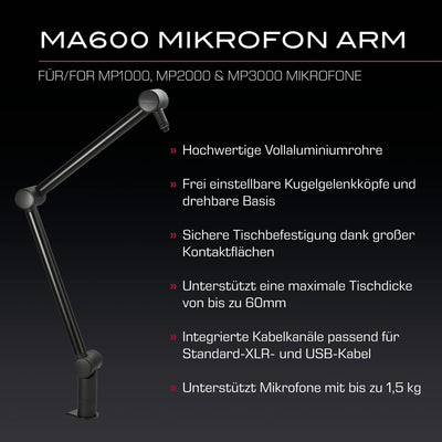 DOCKIN® MA600 Premium Mikrofon Arm [360° drehbar] - Kompatibel mit RØDE Mikrofone, Razer Mikrofone,