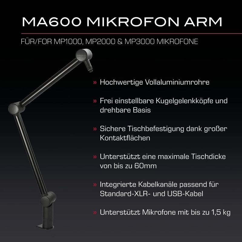 DOCKIN® MA600 Premium Mikrofon Arm [360° drehbar] - Kompatibel mit RØDE Mikrofone, Razer Mikrofone,