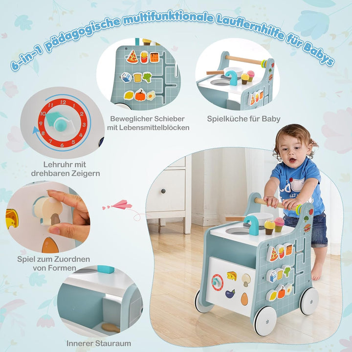 DREAMADE Lauflernwagen Holz, 6-in-1 hölzerne Lauflernhilfe, Baby Walker mit Blöcken & 9 Teilen Zubeh