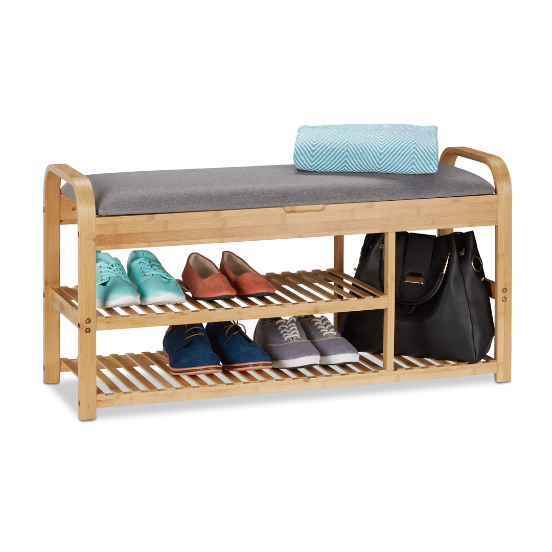 Relaxdays Schuhbank mit Sitzfläche, Stauraum, Polster, Flur, niedrig, Bambus, Sitzbank HxBxT: 50x100