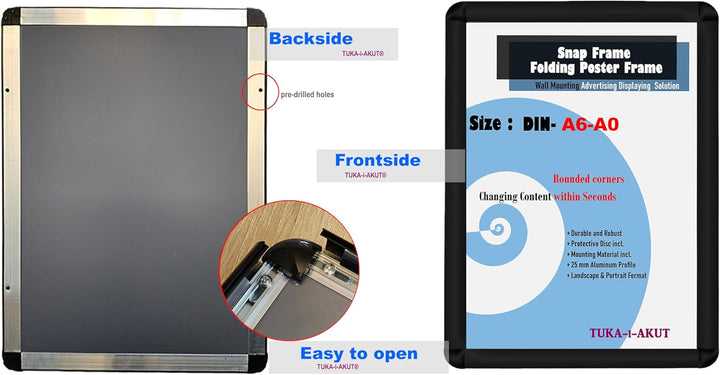 TUKA-i-AKUT Aluminium Klapprahmen DIN A3 | 25 mm Profil | Abgerundete Ecken | Schutzscheibe Befestig
