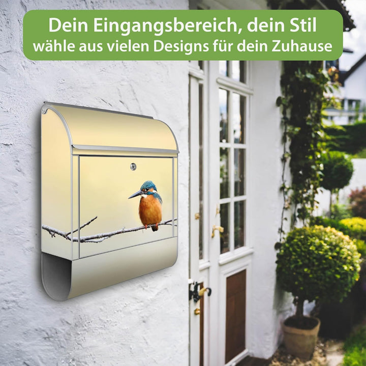 banjado® Design Briefkasten mit Motiv Pause 39x47x14cm &amp; 2 Schlüssel - Briefkasten Stahl Silber mit