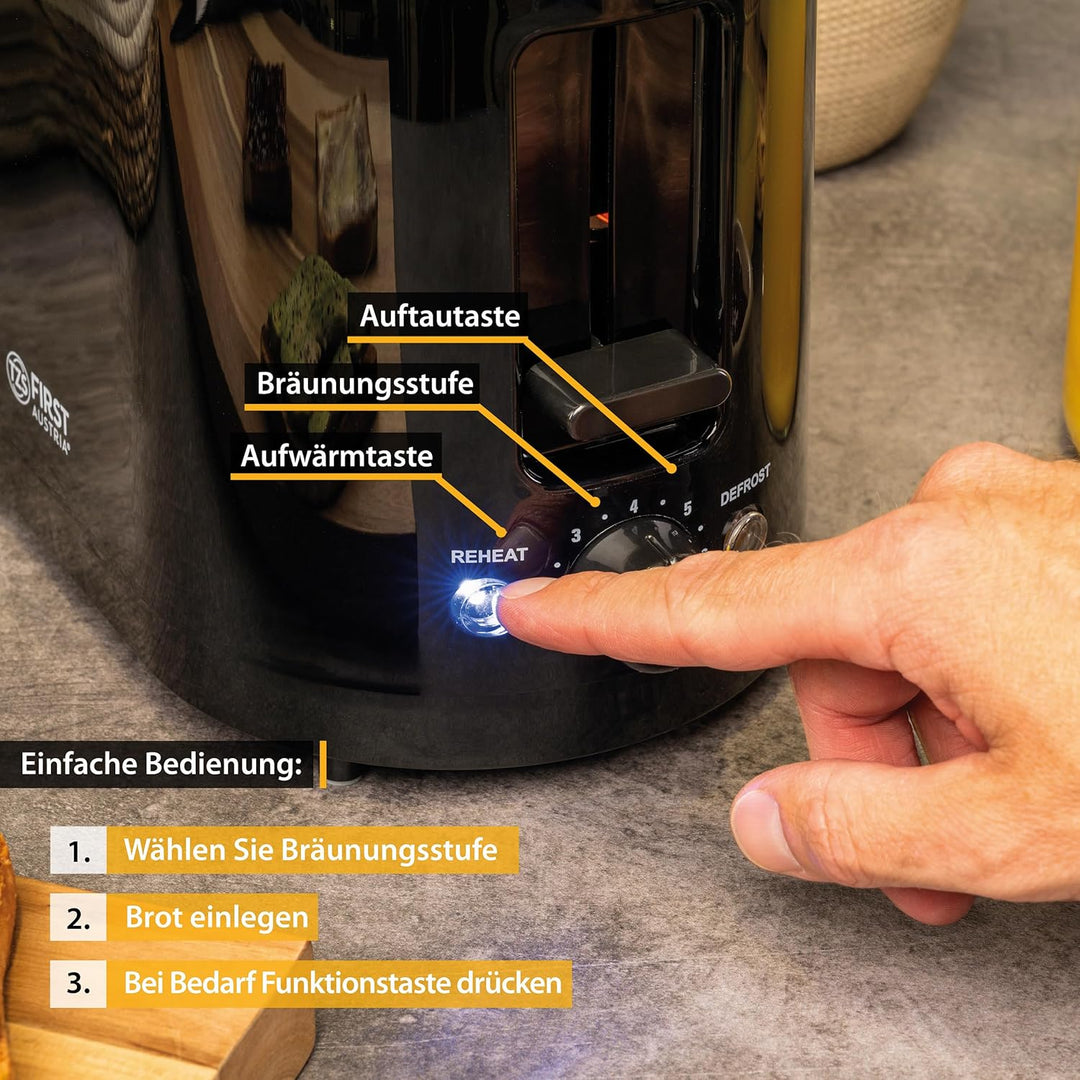 TZS First Austria Doppel Kurzschlitz Toaster, 2 Scheiben, schwarz, 750W, 7 Stufen, Warmhalte- und Au