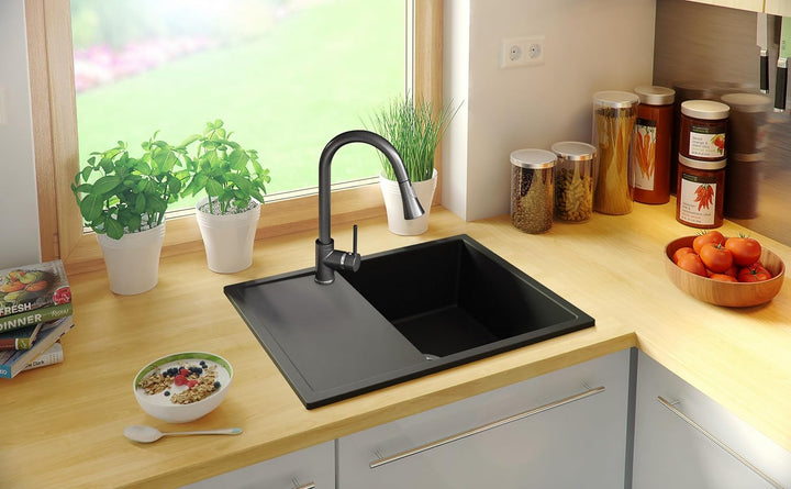 Spülbecken Schwarz 62x50 cm, Granitspüle + Ablauf-Set, Küchenspüle für 45er Unterschrank, Einbauspül