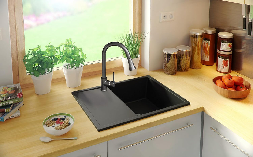 PRIMAGRAN Spülbecken Alles Schwarz 62x50cm, Granitspüle 1 Becken + Ablauf-Set, Küchenspüle ab 45er U