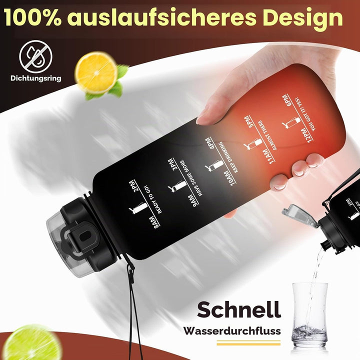 KollyKolla Trinkflasche Kohlensäure Geeignet, 500ml/1L/1.5L, Sport Trinkflasche mit Zeitmarkierung,
