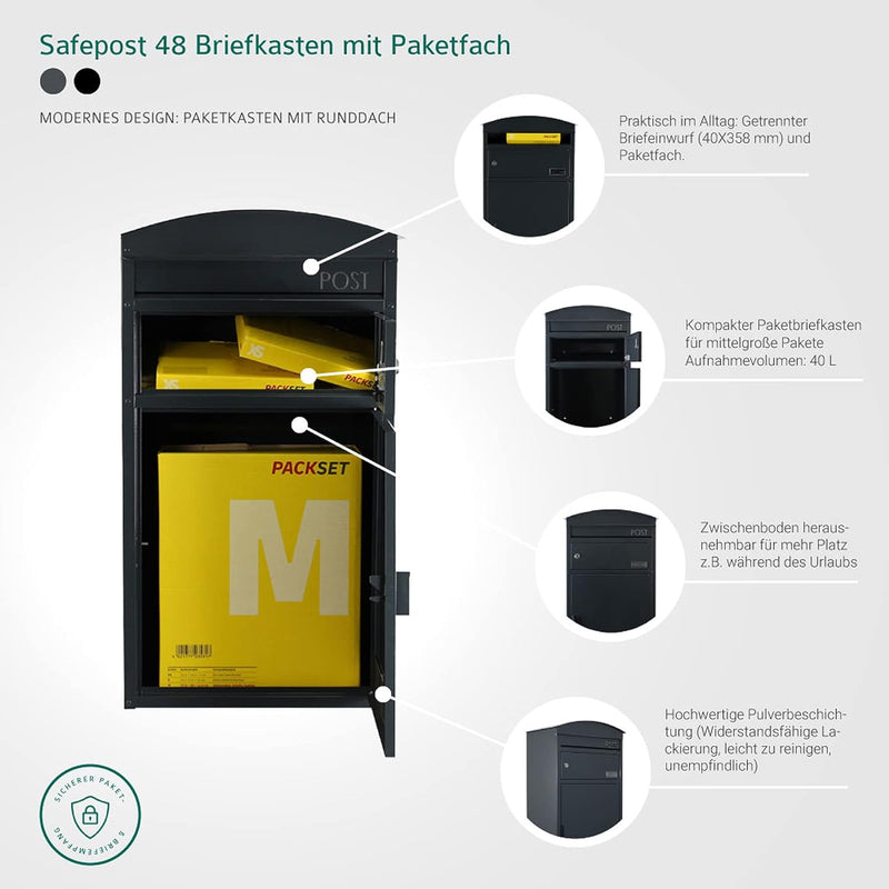 Paket-Briefkasten Safepost 48 anthrazit-grau (RAL 7016) Paketbox moderner Briefkasten mit Paketfach