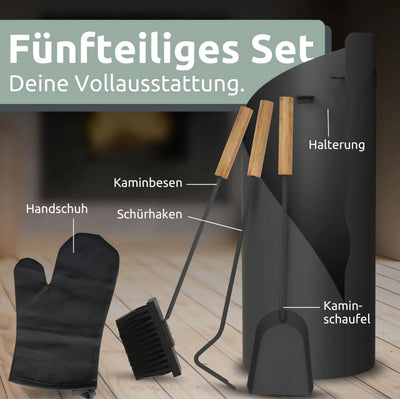 Kaminbesteck 5-tlg. Grauschwarz mit Holzgriff inkl. Ofenhandschuh I Kaminset Kamingarnitur Anthrazit