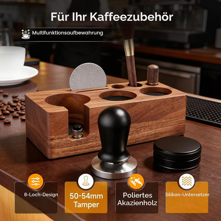 Tamperstation aus Walnussholz für 51-54mm - Siebträger Station &amp; Espresso Station mit Silikonkissen