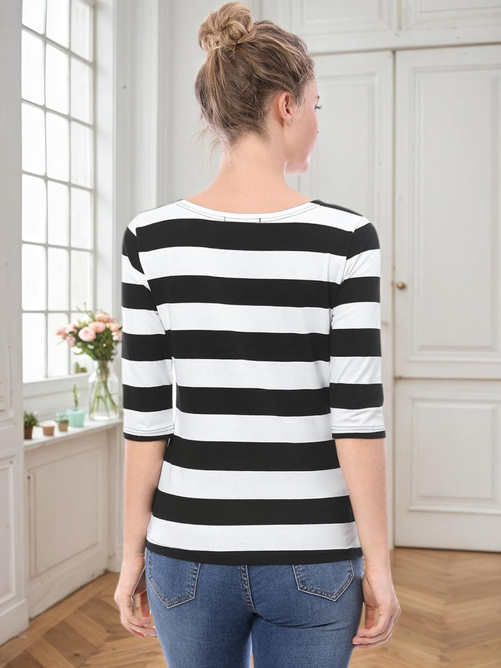 Allegra K Damen Gestreiftes Shirt U Boot Ausschnitt Halbarm Party Ferien Streifen Top Bluse L Schwar