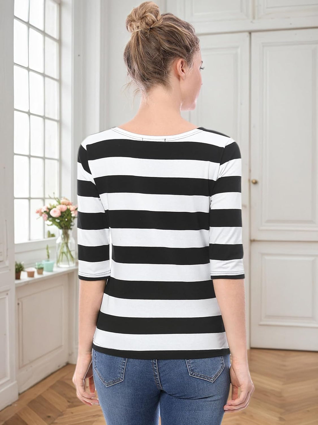 Allegra K Damen Gestreiftes Shirt U Boot Ausschnitt Halbarm Party Ferien Streifen Top Bluse S Schwar