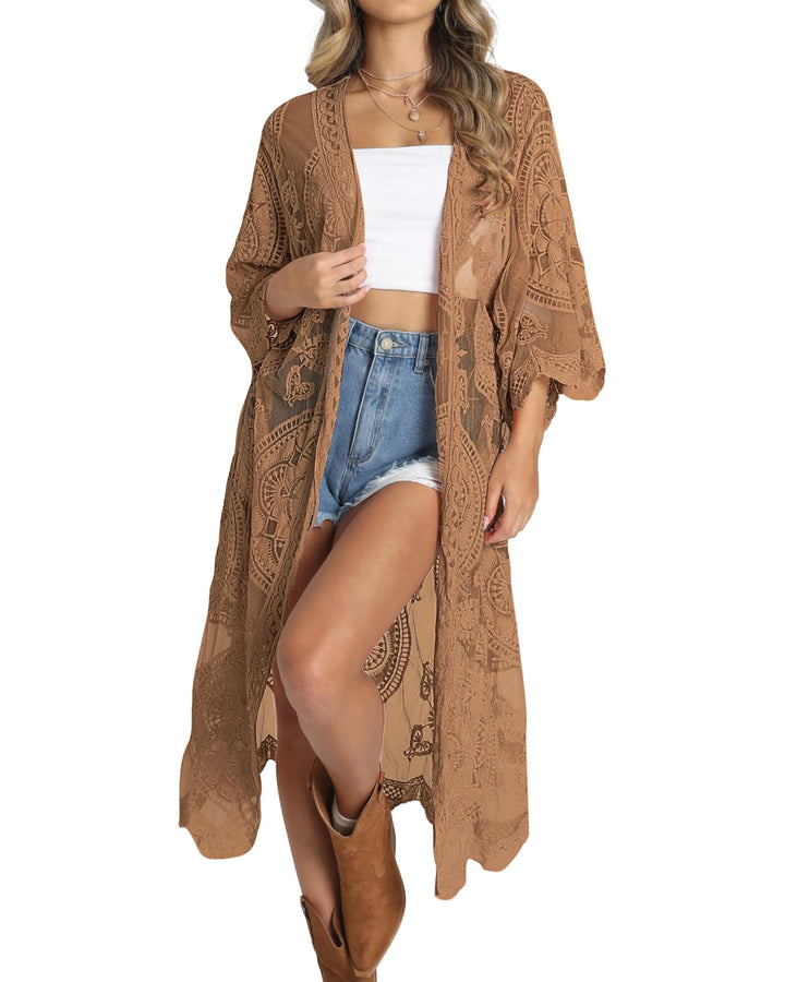 Bsubseach Badeanzug Cover Up für Frauen Lace Sheer Floral Kimono Cardigans Mesh Long Strand Dress E-