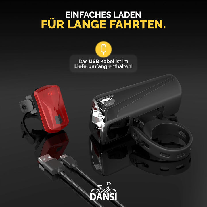 DANSI Fahrradleuchten-Set StVZO I LED-Fahrradlicht I Rad-Licht hell vorne 30/15 Lux, Akku-Leuchtense