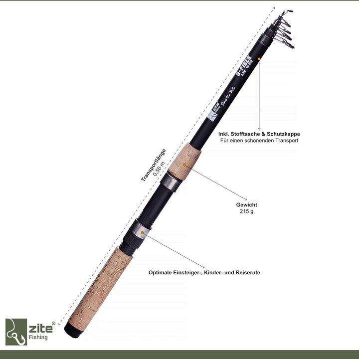 Zite Fishing Forellen Angelset | Teleskoprute 240cm + Angelrolle Bespult mit Ersatzspule + Vorfach-H