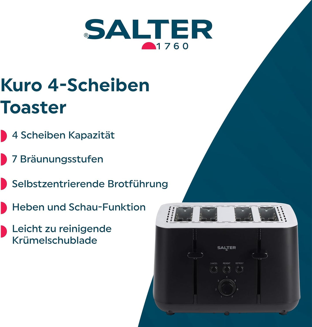 Salter EK5565MBLK Kuro 4-Scheiben Toaster, 7 Bräunungsstufen, Selbstzentrierende Brotführung, Auftau