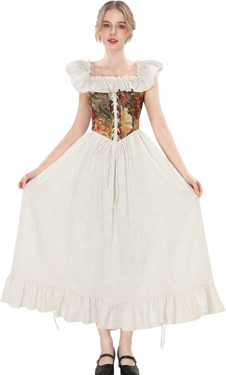 Fiamll Viktorianisches Kleid Rokoko Mittelalter Königin Kostüm Damen Puffärmel mit Bodenlänge Kleide