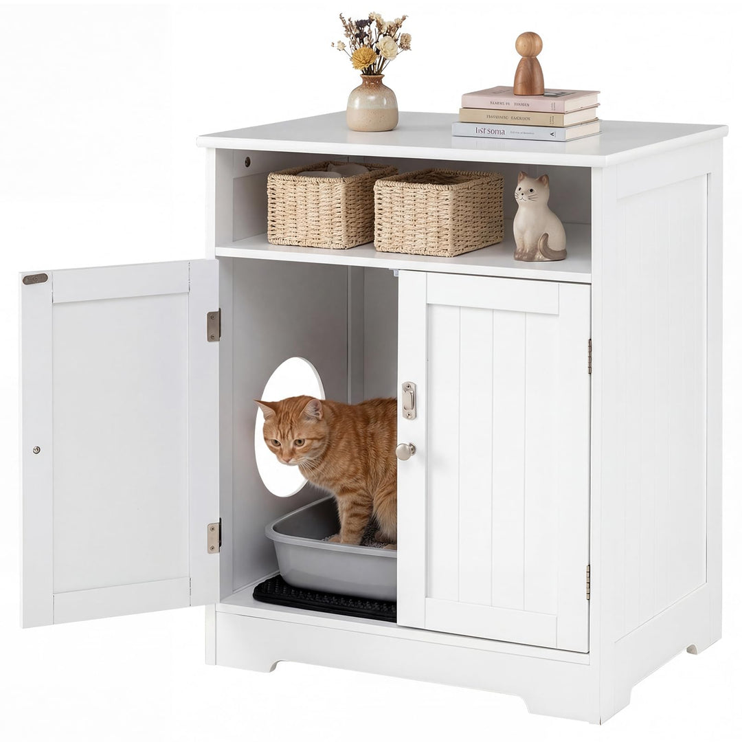 COSTWAY Katzenklo Schrank, Katzenschrank mit Streumatte, 2 abschliessbaren Türen, Eingang & Fach, 3