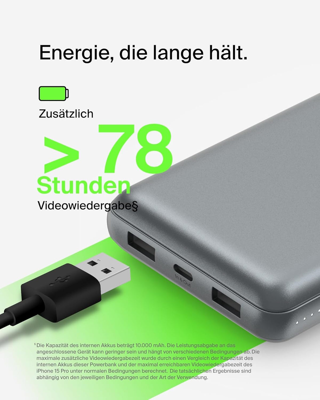 Belkin tragbares USB-C-Ladegerät, 20.000mAh, 20K Powerbank mit USB-C-EIN-/Ausgang und 2 USB-A-Anschl