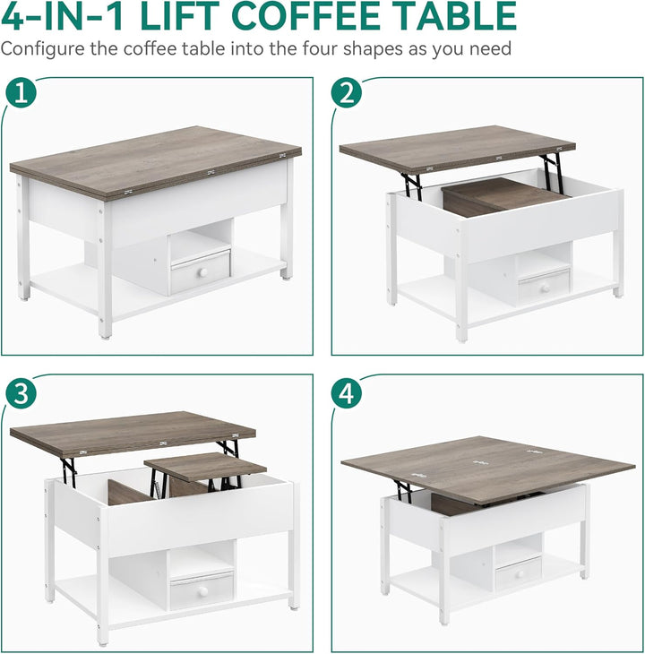 YITAHOME Couchtisch mit Anhebbarer Platte und Schubladen, 4-in-1-Multifunktions-Couchtisch mit Staur