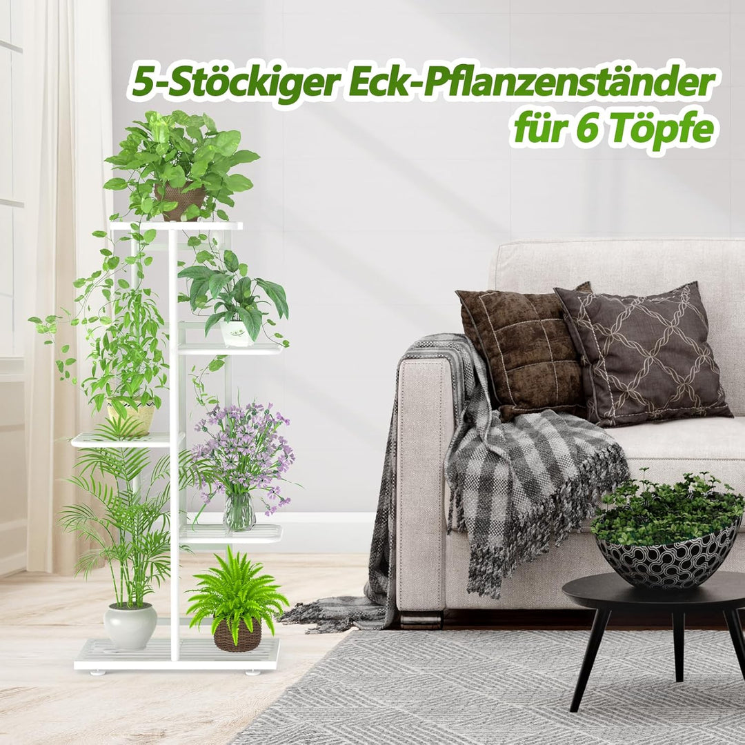 MAIJIAJU 5 Etagen Blumenständer Weiss mit Gartengeräte und Handschuhe, 95cm Hoch Pflanzenständer Met