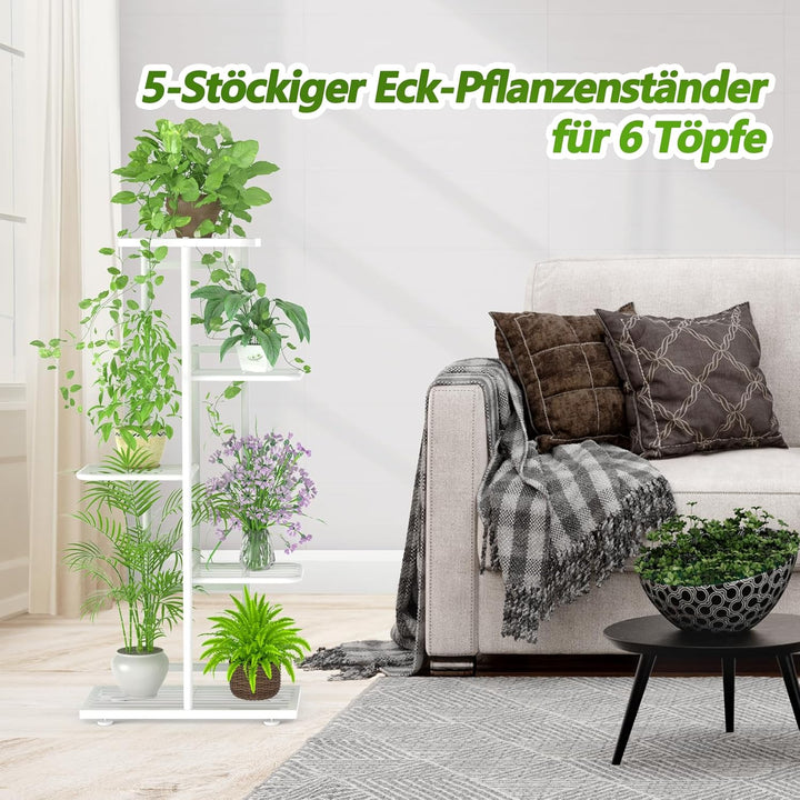 MAIJIAJU 5 Etagen Blumenständer Weiss mit Gartengeräte und Handschuhe, 95cm Hoch Pflanzenständer Met