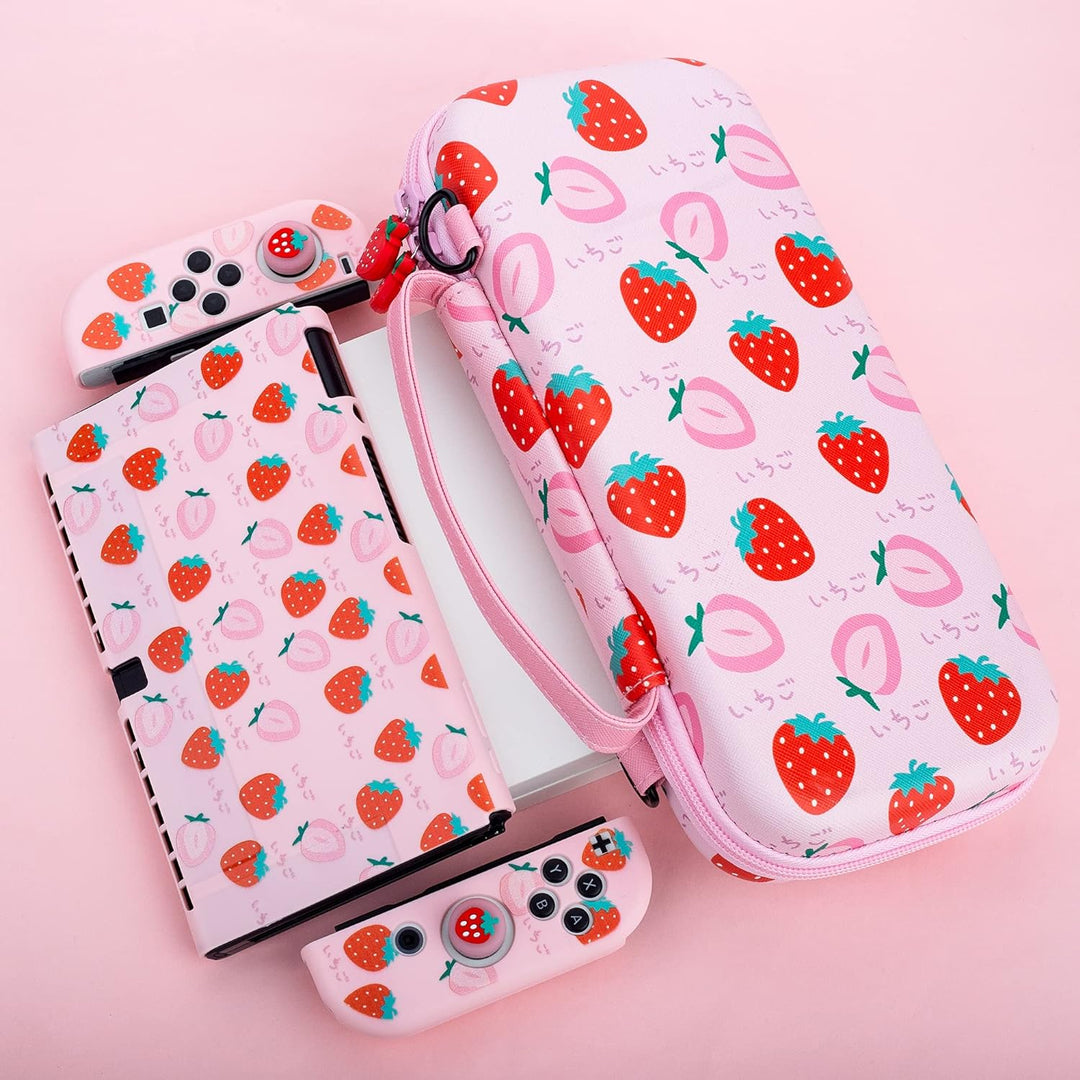 RHOTALL Strawberry Thema Tragetasche Set für Nintendo Switch OLED, süsses Zubehör Bundle für Switch