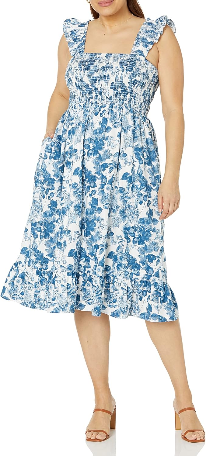 The Drop Damen Kimi Gesmoktes Midikleid mit Gerüschter Schulter Dresses 4XL Grosse Grössen Blaues Bl