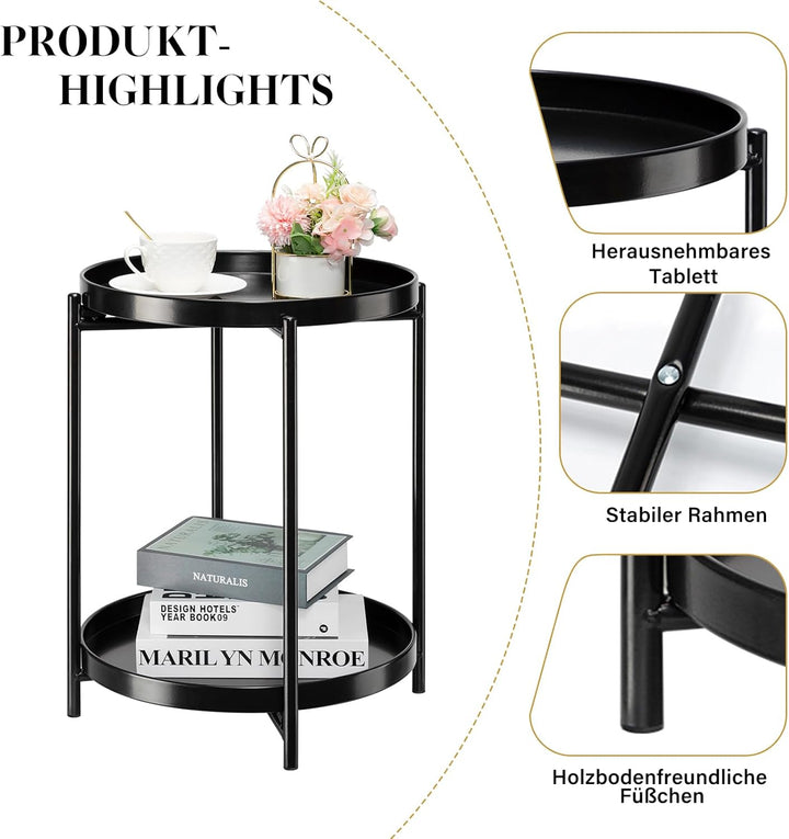 danpinera 2-stöckiger Metall-Beistelltisch mit herausnehmbaren Tabletts, Beistelltisch für draussen,