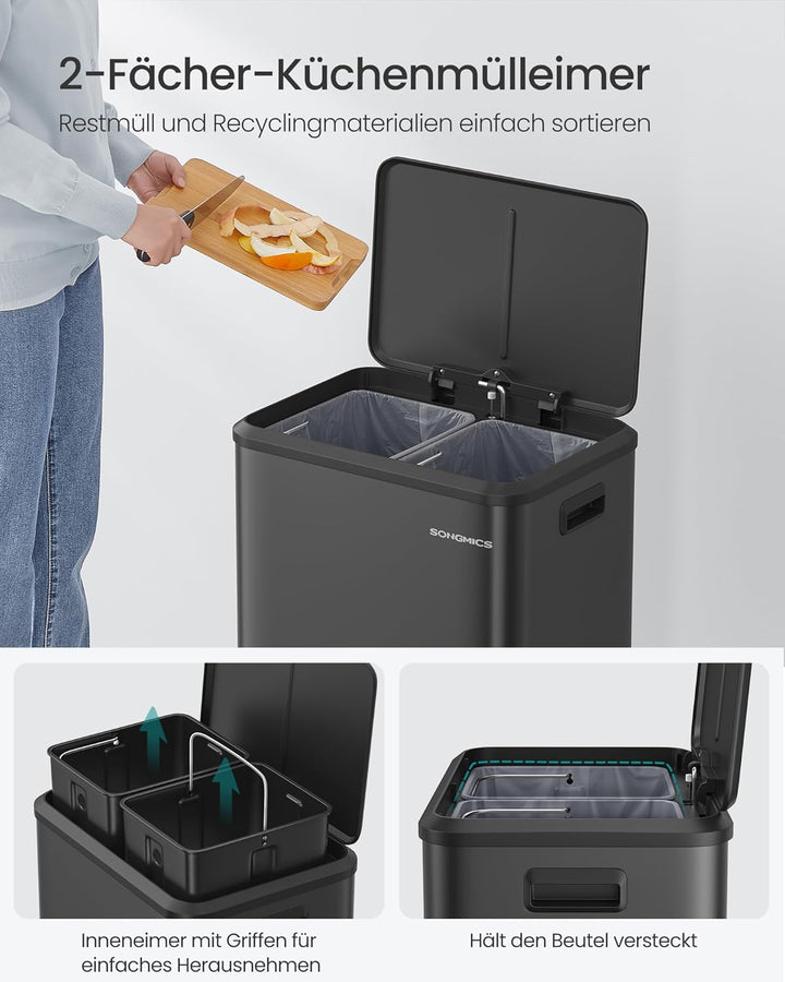 SONGMICS Mülleimer Küche, Mülltrennsystem 2 x 15 L, 2 Fächer für Recycling und Restmüll, Abfalleimer