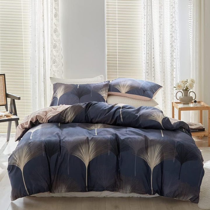 Damier Bettwäsche 155x220 3 Teilig Blau Blätter Schwarz Beige Ginkgoblätter Bettwäsche Weich Kuschel
